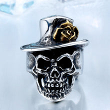 Load image into Gallery viewer, GUNGNEER Stainless Steel Skull Gold Rose Flower Hat Ring Biker Jewelry Accessories Men Women