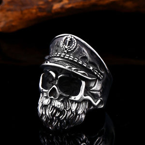 GUNGNEER Skeleton Military Army Officer Captain Skull Ring Stainless Steel Gothic Punk Jewelry