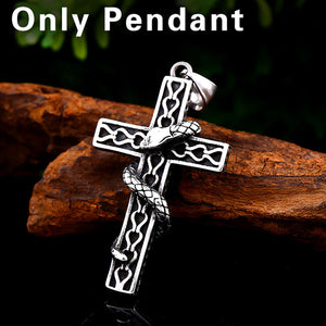 GUNGNEER Men Stainless Steel Cross Jesus Ring Snake Choker Necklace Protection Jewelry Set