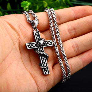 GUNGNEER Men Stainless Steel Cross Jesus Ring Snake Choker Necklace Protection Jewelry Set