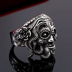 GUNGNEER Stainless Steel Flower Skull Cross Ring Leather Bracelet Punk Jewelry Set Men Women
