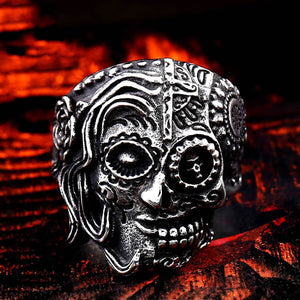 GUNGNEER Stainless Steel Flower Skull Cross Ring Leather Bracelet Punk Jewelry Set Men Women