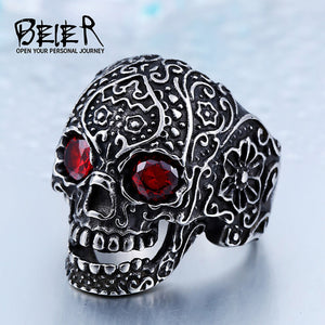 GUNGNEER Classic Garden Flower Skull Ring Biker Punk Halloween Jewelry Accessories Men Women