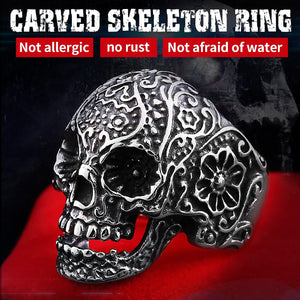 GUNGNEER Classic Garden Flower Skull Ring Biker Punk Halloween Jewelry Accessories Men Women