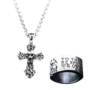 GUNGNEER Wolfman Skull Ring Cross Necklace Stainless Steel Gothic Punk Jewelry Set Men Women