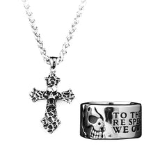 Load image into Gallery viewer, GUNGNEER Wolfman Skull Ring Cross Necklace Stainless Steel Gothic Punk Jewelry Set Men Women
