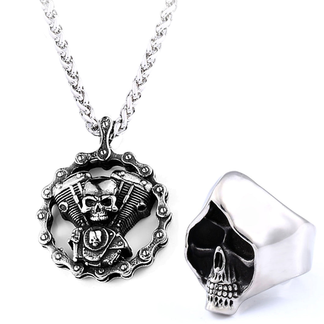 GUNGNEER Rock Punk Skull Necklace Grim Reaper Ring Stainless Steel Jewelry Set Men Women