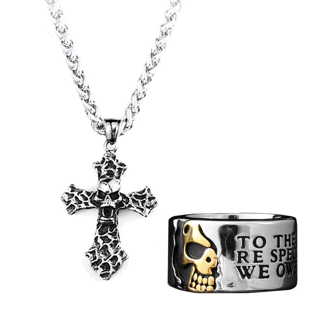GUNGNEER Wolfman Skull Ring Cross Necklace Stainless Steel Gothic Punk Jewelry Set Men Women