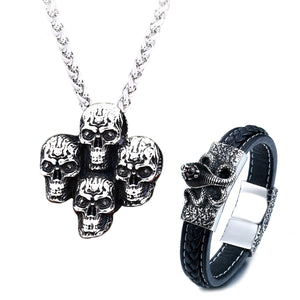 GUNGNEER Stainless Steel Punk Skull Skeleton Necklace Leather Snake Bracelet Jewelry Set Men