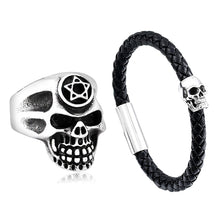 Load image into Gallery viewer, GUNGNEER Wicca Pentagram Pentacle Skull Ring Leather Rope Bracelet Gothic Punk Jewelry Set