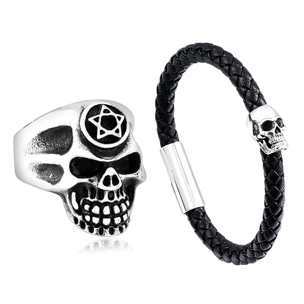 GUNGNEER Wicca Pentagram Pentacle Skull Ring Leather Rope Bracelet Gothic Punk Jewelry Set
