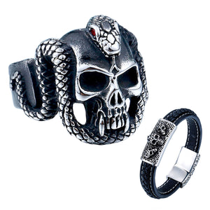GUNGNEER Stainless Steel Gothic Punk Snake Skull Halloween Ring Leather Bracelet Jewelry Set