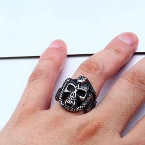 GUNGNEER Stainless Steel Gothic Punk Snake Skull Halloween Ring Leather Bracelet Jewelry Set