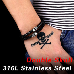 GUNGNEER Stainless Steel Punk Skull Biker Necklace Two Layers Bracelet Gothic Jewelry Set