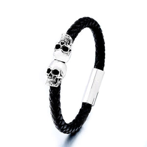 GUNGNEER Stainless Steel Punk Skull Biker Necklace Two Layers Bracelet Gothic Jewelry Set