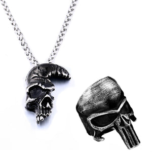 GUNGNEER Half Skull Pendant Necklace Biker Ring Stainless Steel Rock Jewelry Set Men Women