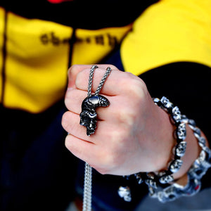 GUNGNEER Half Skull Pendant Necklace Biker Ring Stainless Steel Rock Jewelry Set Men Women