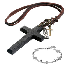 Load image into Gallery viewer, GUNGNEER Faith Christian Stainless Steel Wooden Christian Cross Necklace Bracelet Jewelry Set
