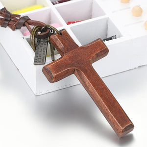 GUNGNEER Leather Wooden Christian Cross Pendant Necklace God Jewelry Gift For Men Women