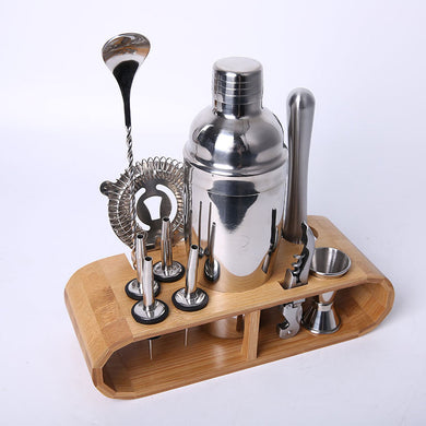 2TRIDENTS 12 Pcs/Set Stainless Steel Cocktail Shaker with Wood Holder Stand - Perfect Home Bartending Kit - Great For Home Bars And Parties