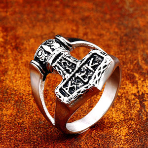 GUNGNEER 2Pcs Mjolnir Thor Hammer Ring Amulet Stainless Steel Jewelry Gift for Men Women