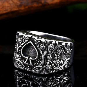 GUNGNEER Stainless Steel Floral Pattern Ace of Spade Ring Poker Casino Gambling Jewelry Men