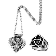 Load image into Gallery viewer, GUNGNEER Double Wolf Celtic Triquetra Heart Pendant Necklace Ring Stainless Steel Jewelry Set