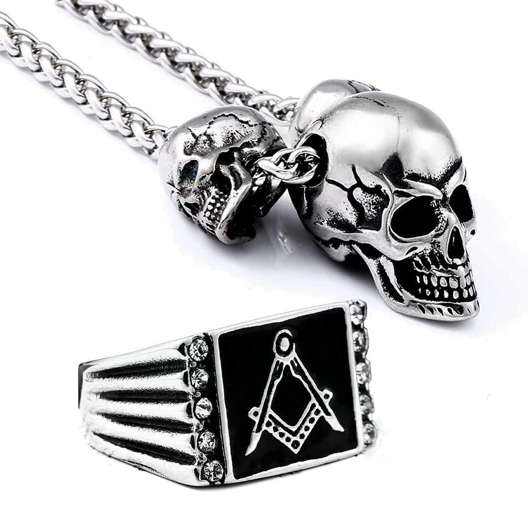 GUNGNEER Stainless Steel Freemason Ring Biker Skull Pendant Necklace Jewelry Set