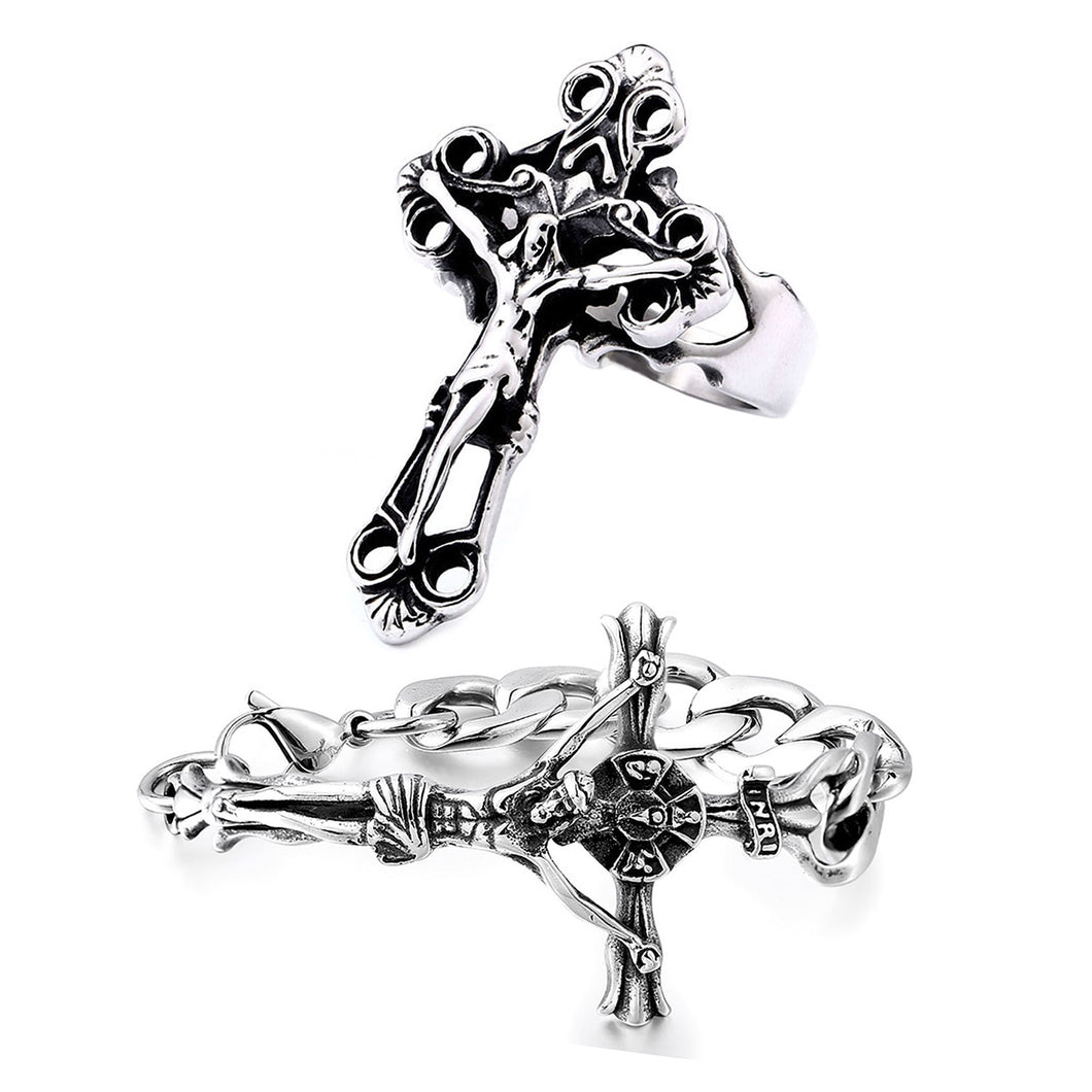 GUNGNEER Christ Ring Stainless Steel Christian Cross Bracelet Jesus Jewelry Set