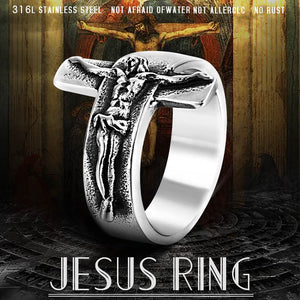 GUNGNEER Stainless Steel Christ Cross Pendant Necklace Men's Jesus Ring Jewelry Set