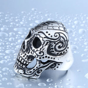 GUNGNEER Stainless Steel Flower Garden Skull Ring Halloween Biker Gothic Jewelry Men Women