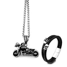 Load image into Gallery viewer, GUNGNEER Stainless Steel Punk Skull Biker Necklace Two Layers Bracelet Gothic Jewelry Set