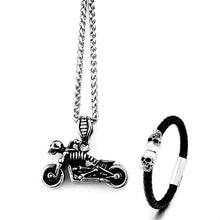 Load image into Gallery viewer, GUNGNEER Stainless Steel Punk Skull Biker Necklace Two Layers Bracelet Gothic Jewelry Set