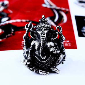 GUNGNEER Hindu Om Ganesha Ring Stainless Steel Lord Ganesh Elephant Ohm Jewelry For Men