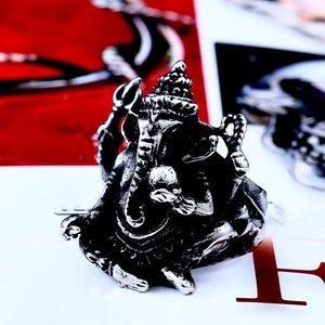 GUNGNEER Stainless Steel Om Ganesha Ring Elephant Pendant Lotus Necklace Jewelry Set For Men