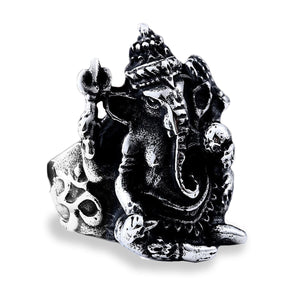 GUNGNEER Stainless Steel Om Ganesha Ring Elephant Pendant Lotus Necklace Jewelry Set For Men