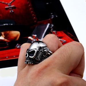 GUNGNEER Stainless Steel Pistol Skull Ring Punk Gothic Biker Jewelry Accessories Men Women