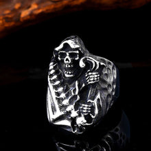 Load image into Gallery viewer, GUNGNEER Skull Grim Reaper Devil Scythe Ring Biker Gothic Stainless Steel Jewelry Accessories