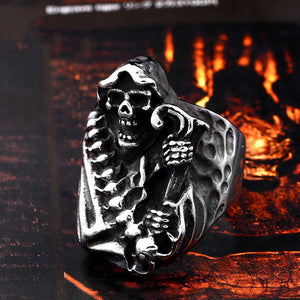 GUNGNEER Skull Grim Reaper Devil Scythe Ring Biker Gothic Stainless Steel Jewelry Accessories