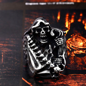 GUNGNEER Skull Grim Reaper Devil Scythe Ring Biker Gothic Stainless Steel Jewelry Accessories