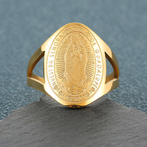 GUNGNEER Stainless Steel Oval Virgin Mary Ring Christian Catholic Jewelry Accessories Men Women