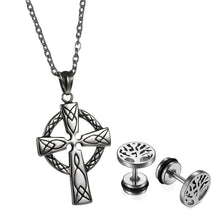 Load image into Gallery viewer, GUNGNEER Stainless Steel Celtic Knot Cross Pendant Necklace Tree of Life Earrings Jewelry Set