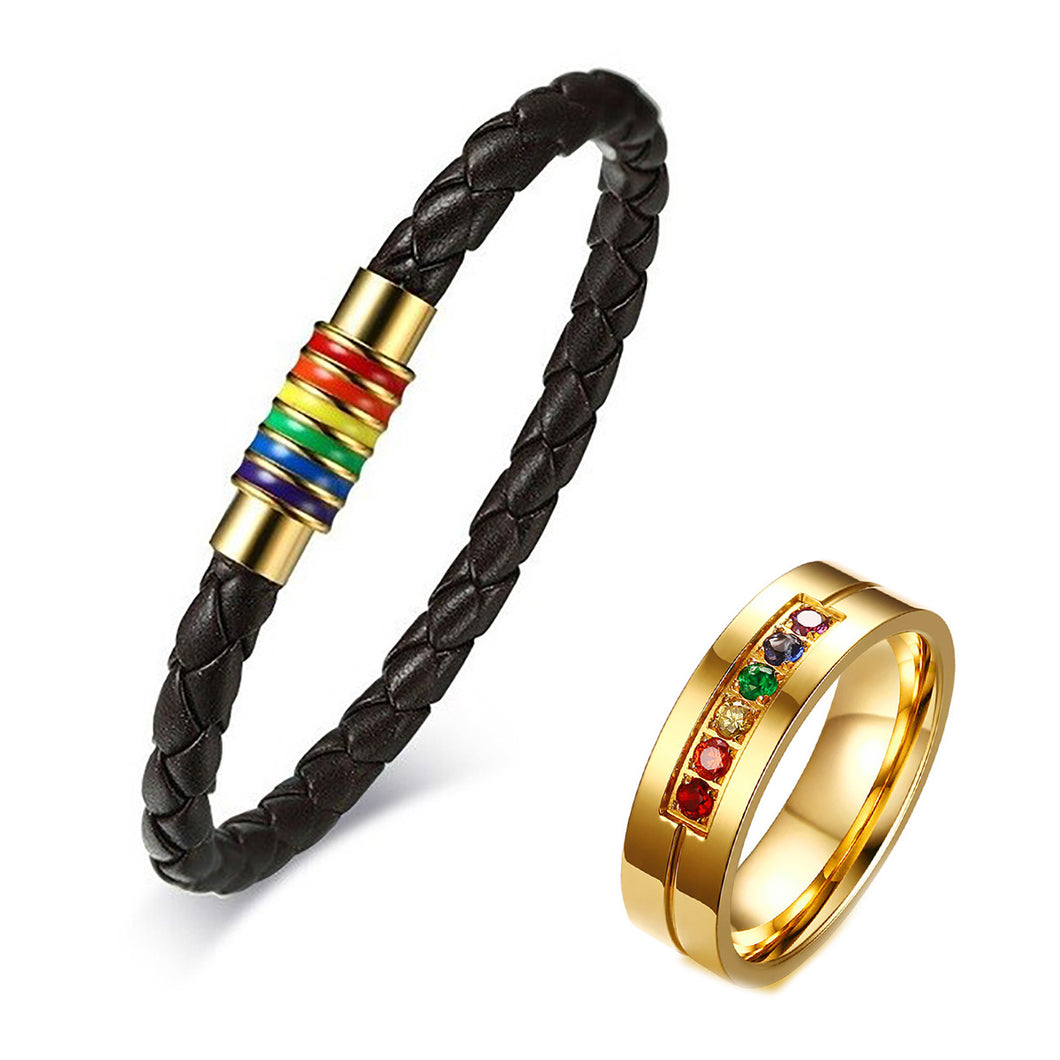 GUNGNEER Transgender Bisexual Gay Lesbian Rainbow LGBT Ring Pride Bracelet Jewelry Set