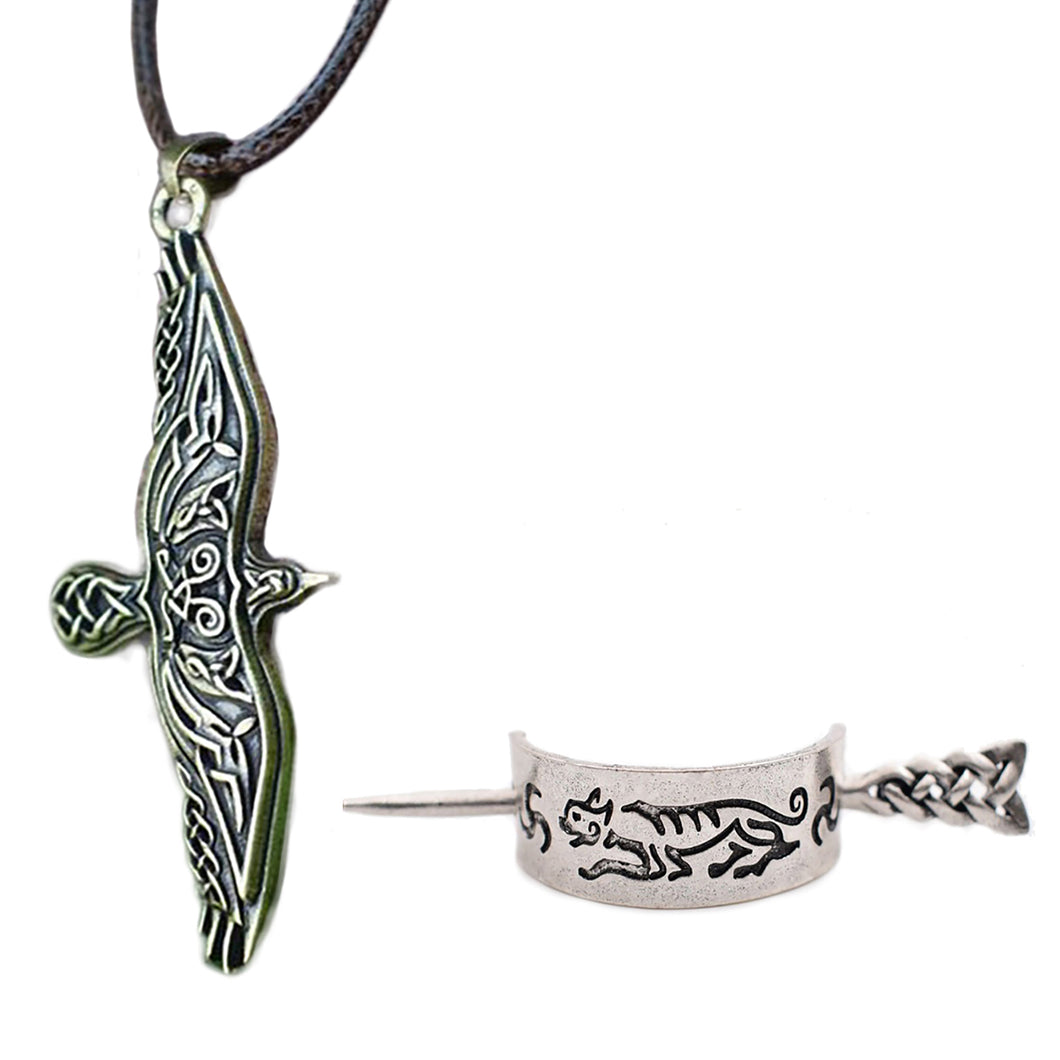 GUNGNEER Celtic Trinity Viking Eaglel Pendant Necklace with Croaching Tiger Hairpin Jewelry Set