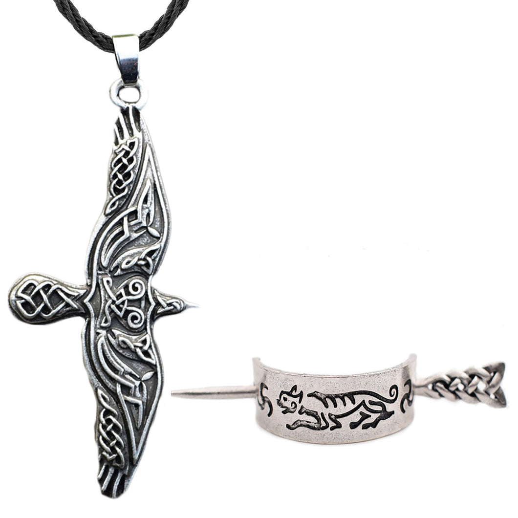 GUNGNEER Celtic Trinity Viking Eaglel Pendant Necklace with Croaching Tiger Hairpin Jewelry Set
