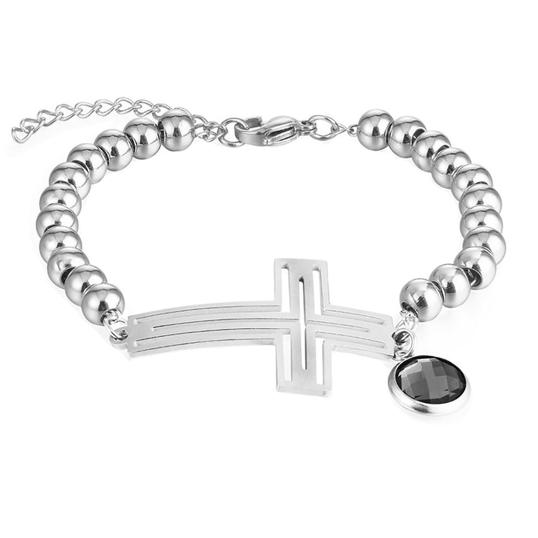 GUNGNEER Cross Bead Bracelet Stainless Steel Christ Jewelry Accessory Gift For Women