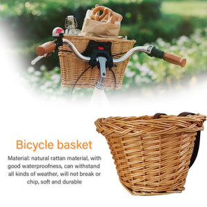 2TRIDENTS Front Handle Bar Woven Bike Basket with Authentic Leather Strap & Brass Buckle Simple Retro Vintage Style