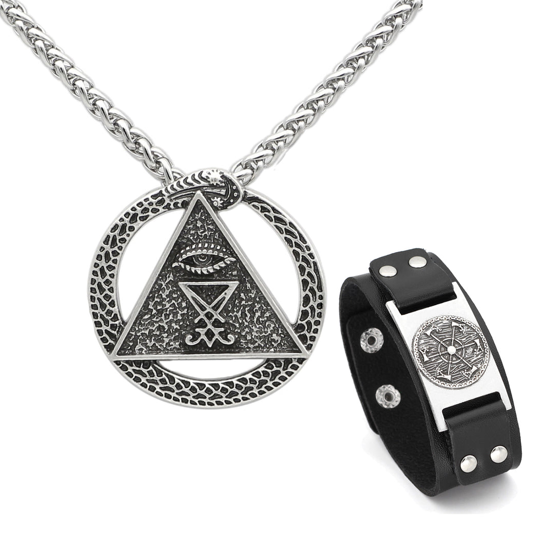 GUNGNEER Satan Sigil Of Lucifer Pendant Necklace Leather Chain Bracelet Jewelry Set
