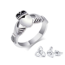 Load image into Gallery viewer, GUNGNEER Stainless Steel Heart Wedding Claddagh Ring with Celtic Triquetra Earrings Jewelry Set
