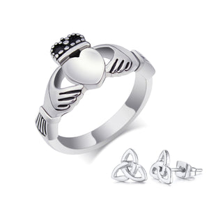 GUNGNEER Stainless Steel Heart Wedding Claddagh Ring with Celtic Triquetra Earrings Jewelry Set